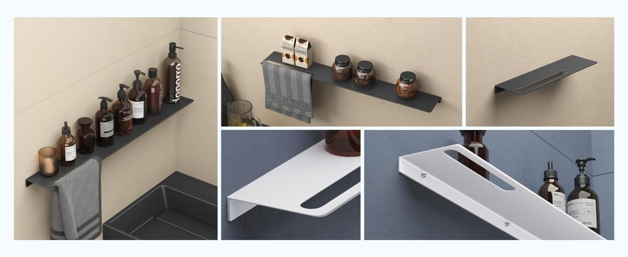 doporro Duschablage ohne Bohren aus Aluminium 60 cm, selbstklebendes Duschregal mit Handtuchhalter, 2-in-1 Badezimmer Organizer Matt schwarz Reglo-06