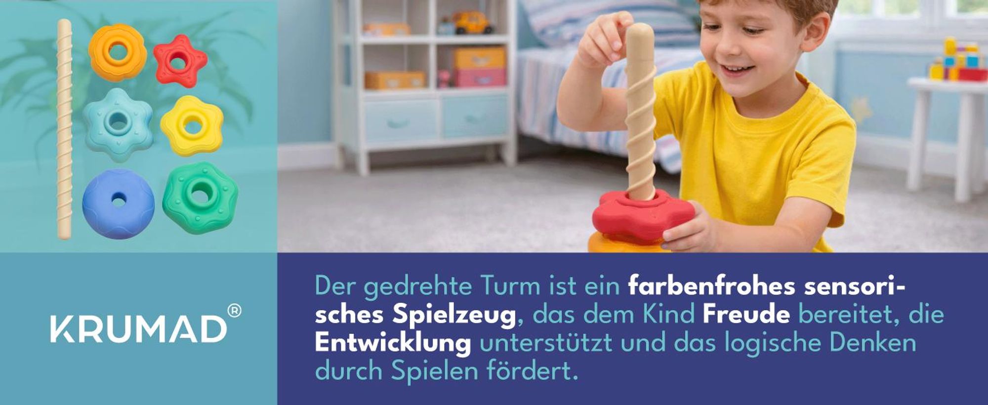 KRUMAD Stapelturm Kinder, Steckspiel mit Ringen, Lernspielzeug ab 3 Jahre, Montessori Stapelspiel, Farben & Formen lernen, Motorikspielzeug Baby