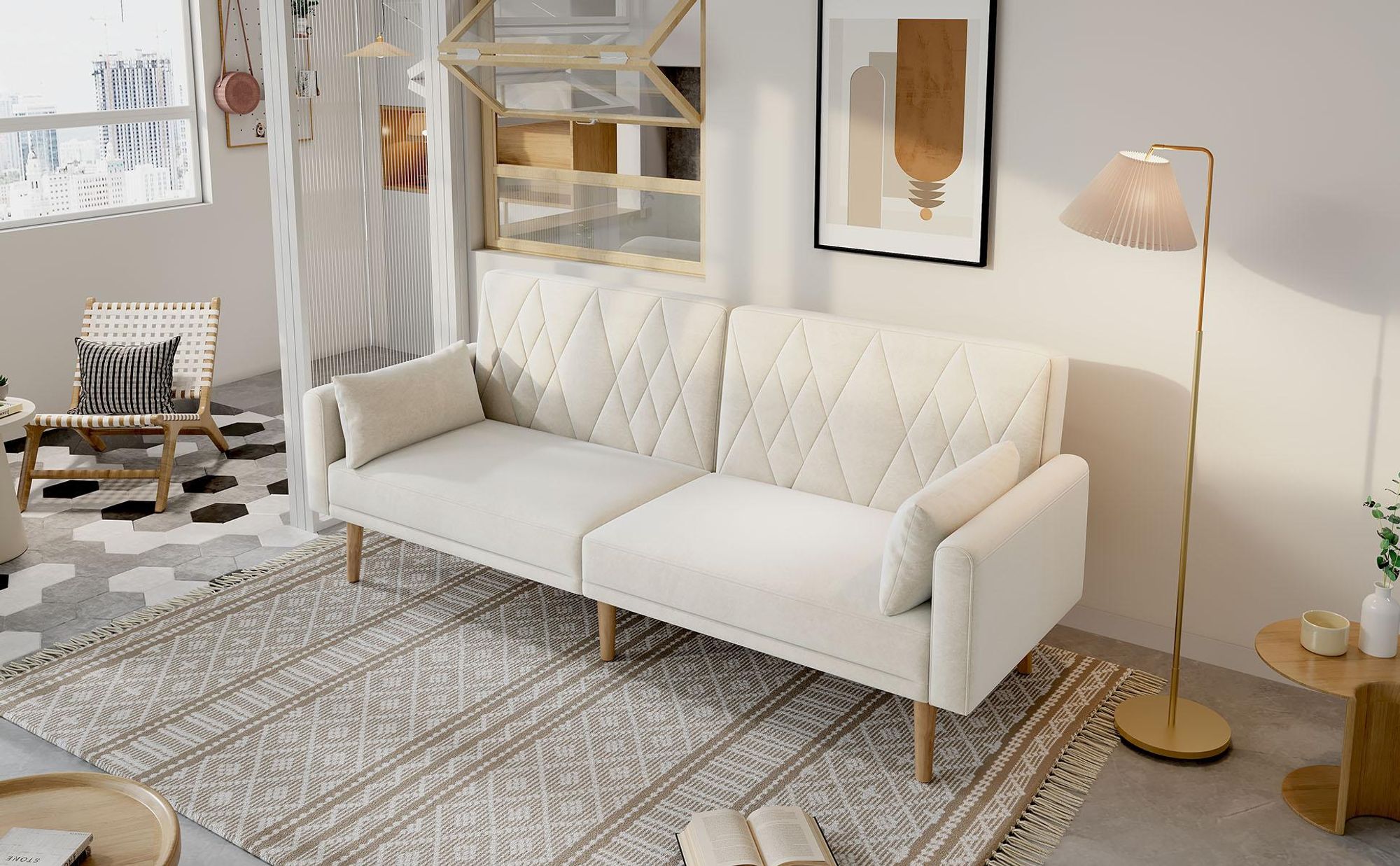 STILVORA Schlafsofa mit 2 Kissen und verstellbare Rückenlehne,Zweisitzer mit Schlaffunktion und Hilfsfuß,Klappsofa aus Samtstoff,Beige