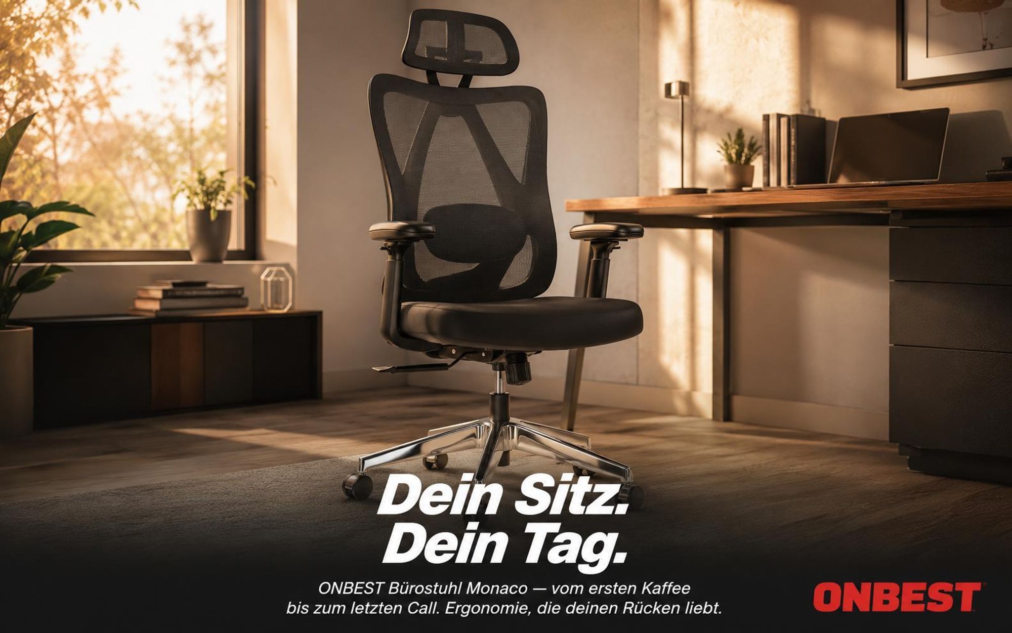 ONBEST Bürostuhl Premium Monaco | Ergonomisch | 150 kg Belastbarkeit | Mesh-Rücken | Schwarz | 360° Universalrollen