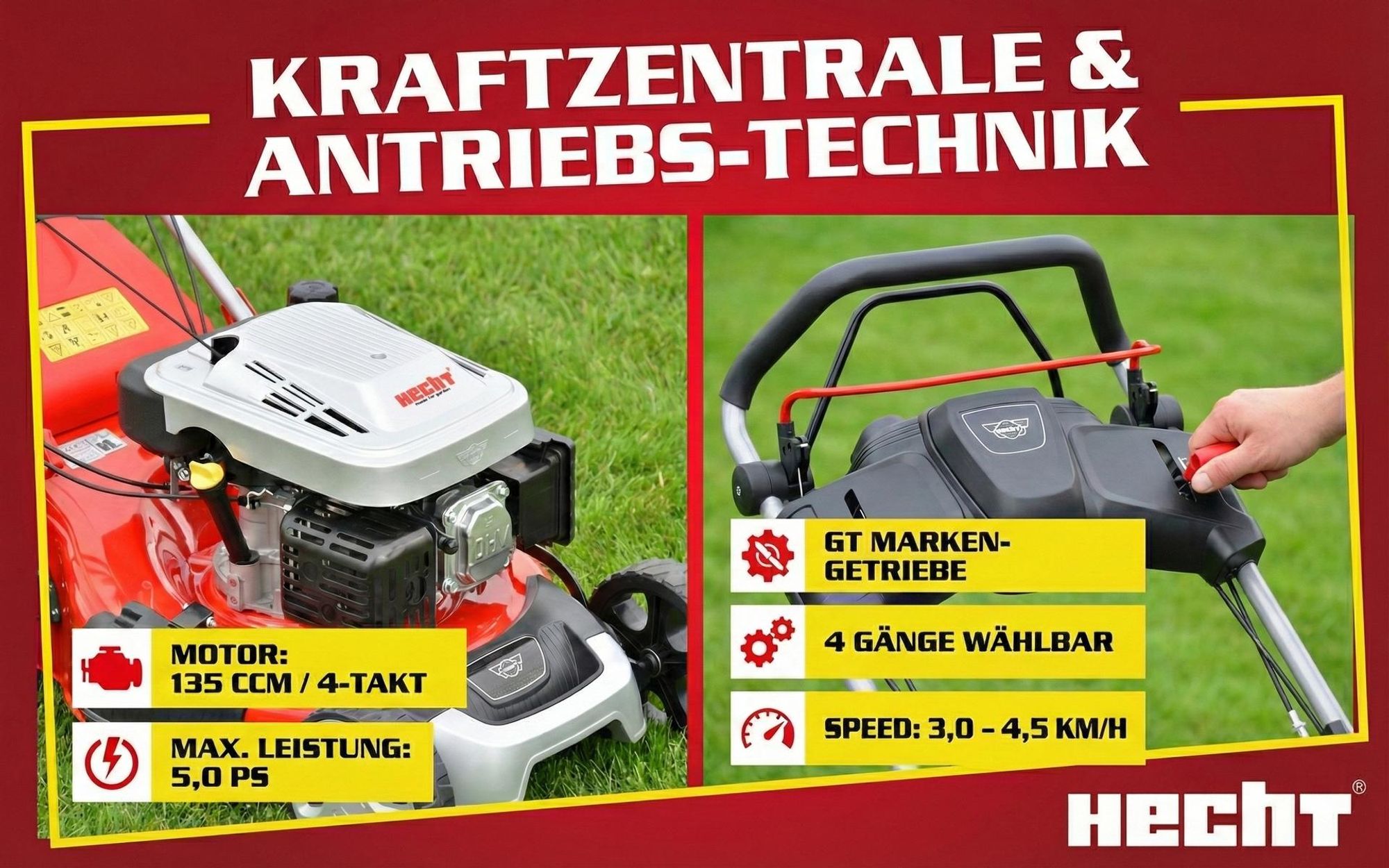 HECHT 5484 SX Rasenmäher Benzin | mit Antrieb | 46 cm Schnittbreite | 5in1 | 5PS | 60L | Grasfangkorb | zentrale Höhenverstellung