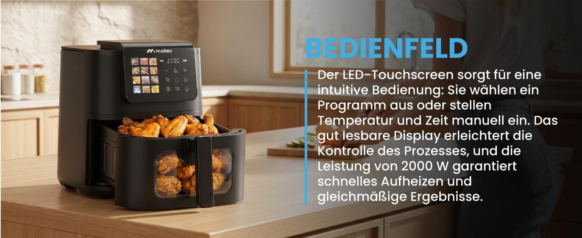 Fritteuse mit 8 Litern Fassungsvermögen, Sichtfenster und 12 Programmen in Schwarz