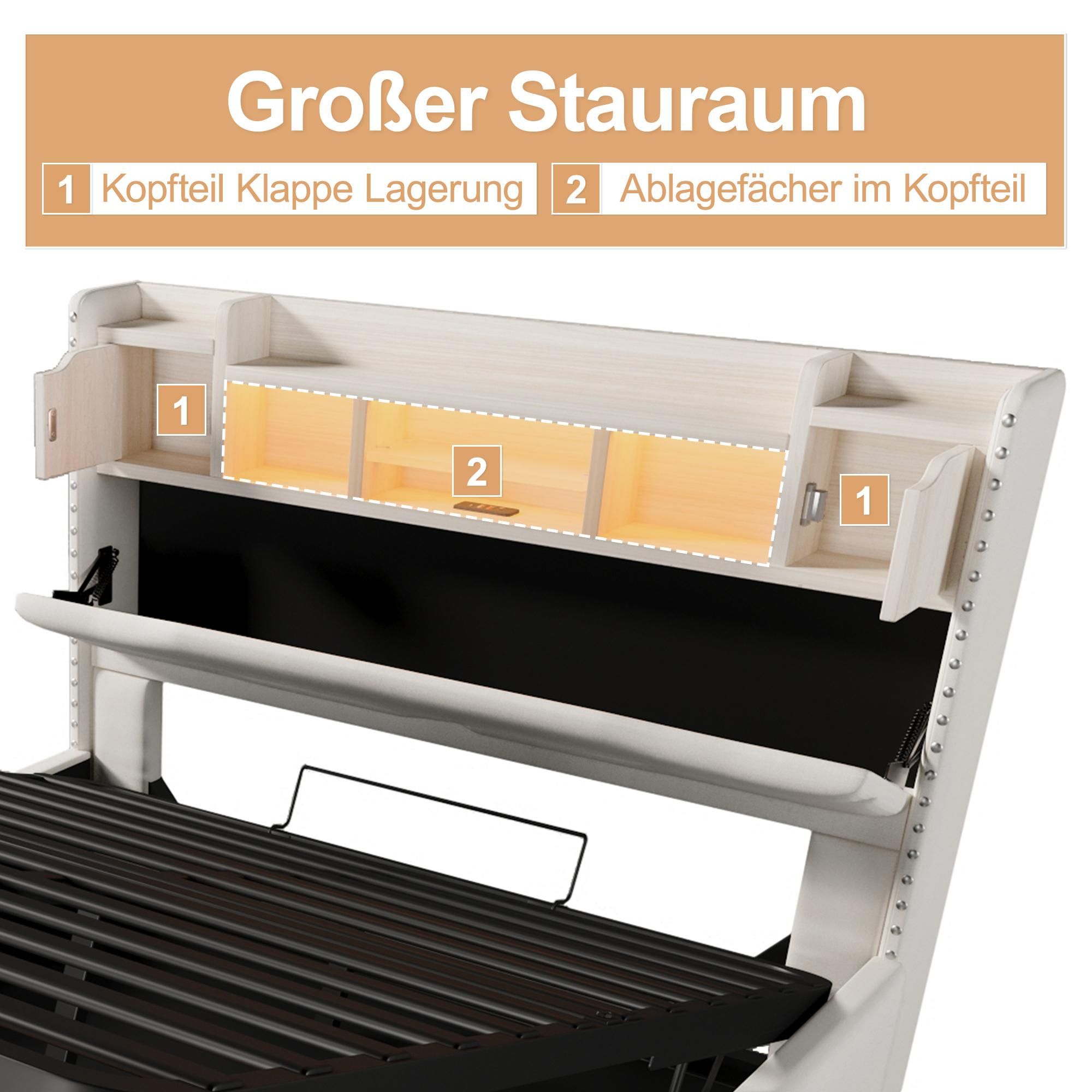 Merax Polsterbett 160x200 cm, hydraulischer Stauraum, LED-Lichtleiste mit App, Kopfteil mit Ablage & USB/Type-C, Leinen Flachbett, Beige