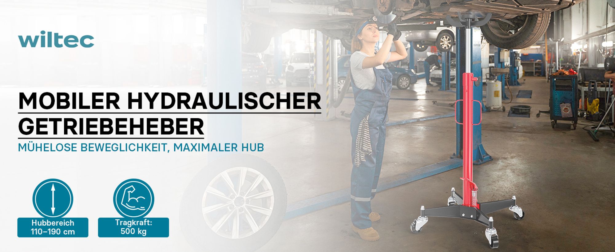 Wiltec Mobiler Getriebeheber hydraulisch 500 kg 110-190 cm Hubhöhe, mit 4 Laufrollen, Aufnahmekralle, Pedal, hydraulischer Motorheber für Kfz und Lkw