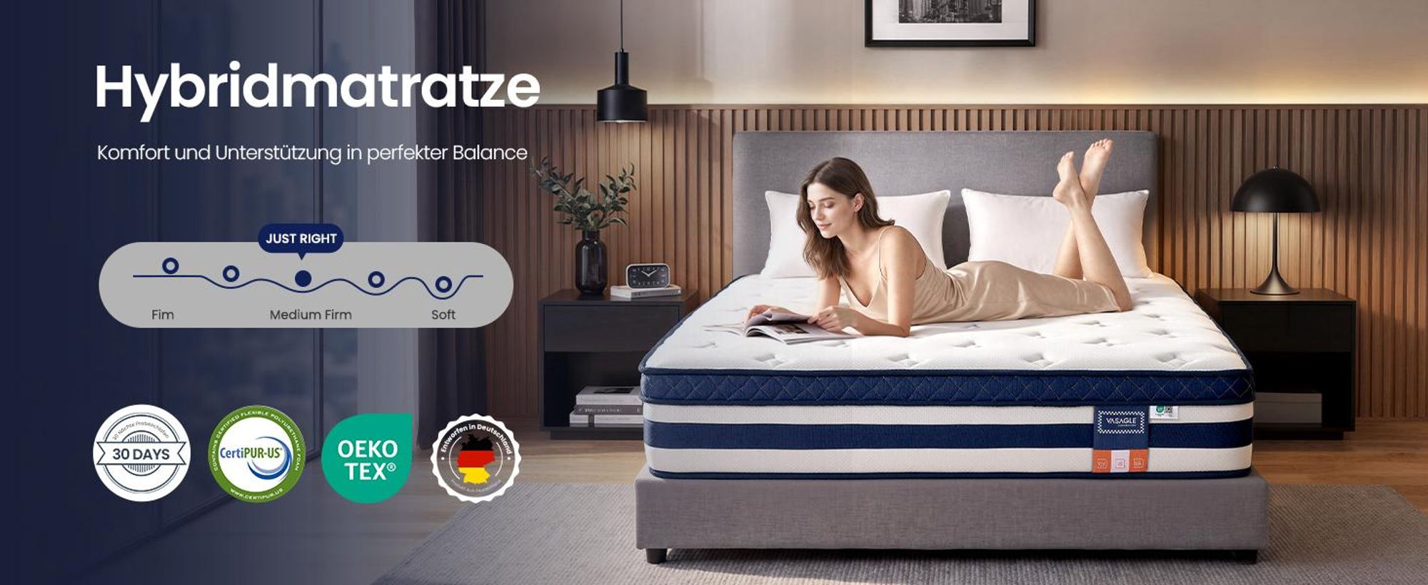 VASAGLE 7-Zonen Taschenfederkernmatratze mit Gel-Memory-Schaum, H3 Mittelfest, 140 x 200 x 25 cm, Blau