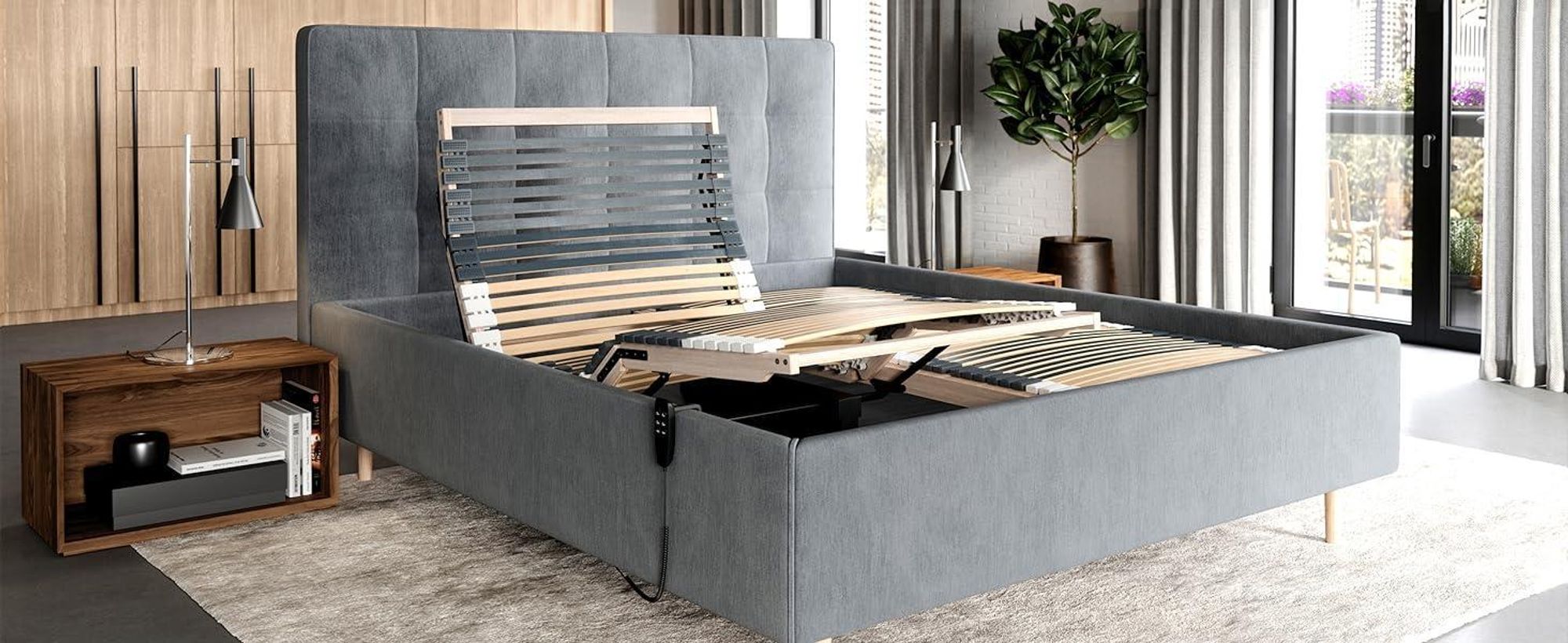 Elektrischer Lattenrost im modernen Boxspringbett mit Fernbedienung