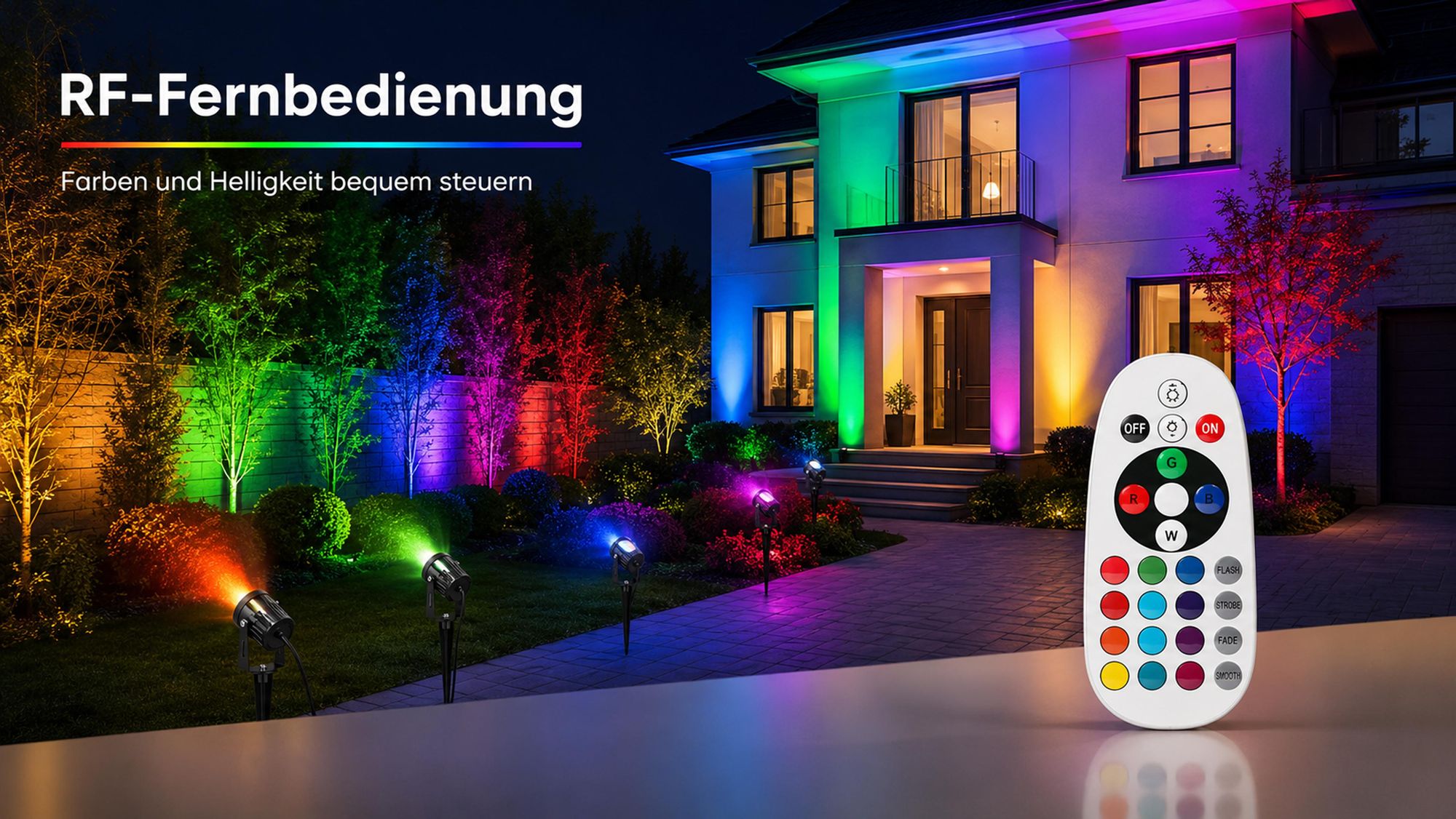 12V LED Gartenstrahler Gartenleuchte RGB, 6W, 16 Farben + Warmweiß, Fernbedienung, Memory, 90°, Gartenbeleuchtung für Garten/Hof/Bäume(4er-Pack)