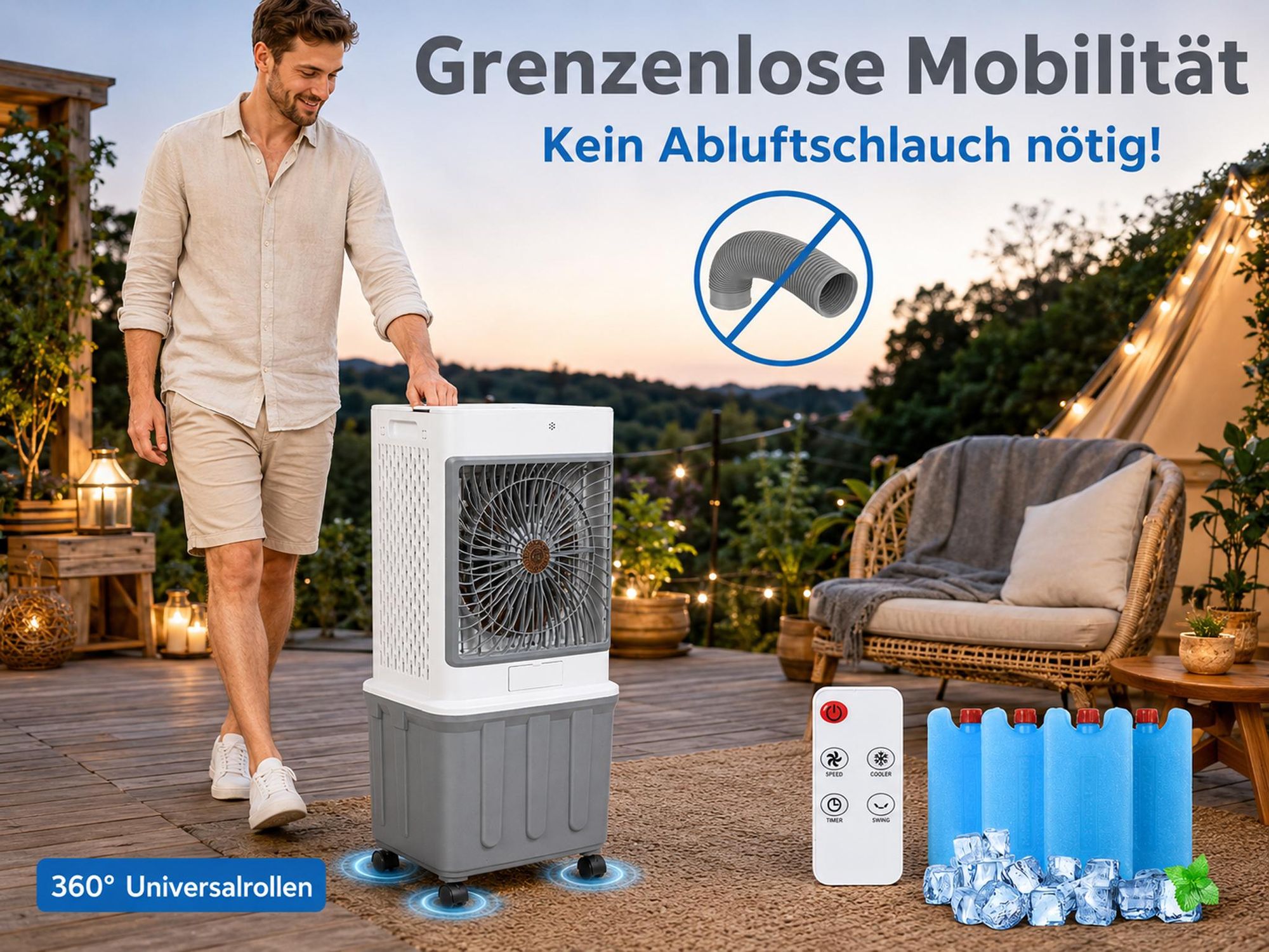 32L Klimagerät Mobil Ohne Abluftschlauch 70W Klimaanlage mit 4 Eisboxen 30H Laufzeit 30dB Leise Ventilator Mit Wasserkühlung Wohnung Zimmer Räume 85cm
