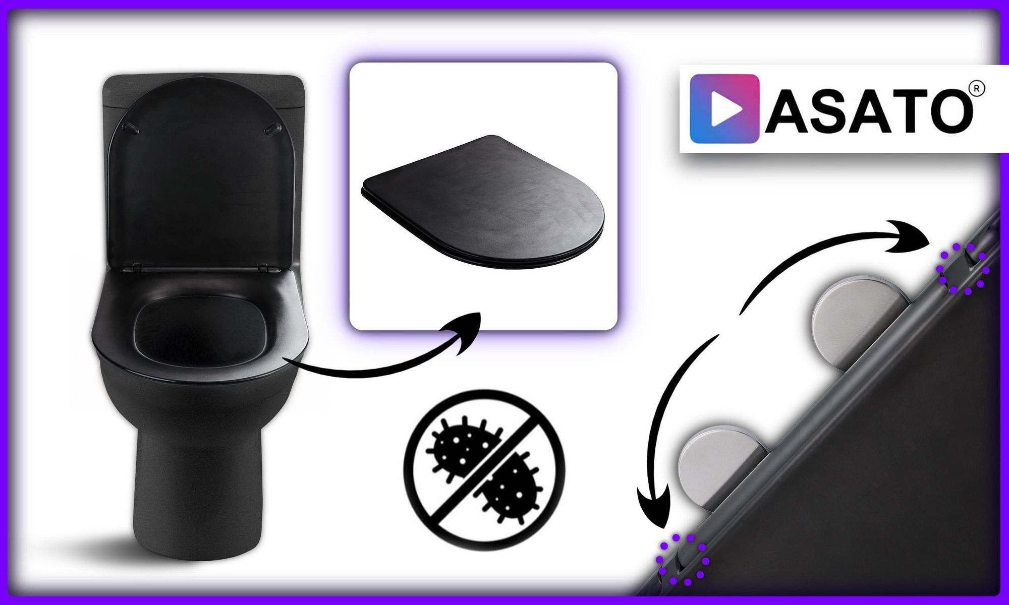 ASATO® WC-Sitz Softclose 0041-4 – Schwarz, Duroplast, Antibakteriell, Hart – Universal 42x36 cm, Toilettensitz mit Absenkautomatik