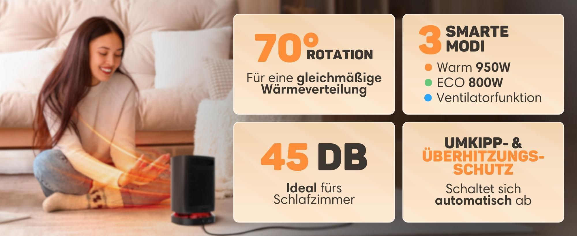 Vulpes Goods Keramik Heizlüfter - Keramik Heizung - 950 Watt Heizung - Oszillation 70° - 3 Leistungsstufen - Elektrischer Heizlüfter - Heizlüfter - Schwarz