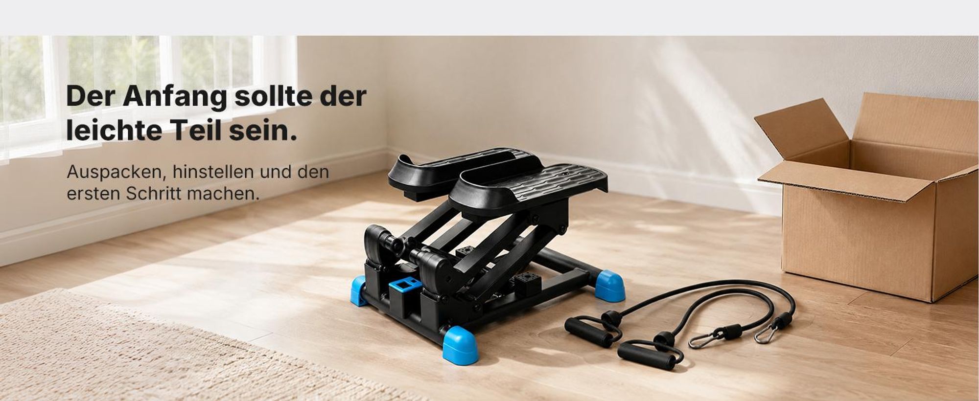 MERACH 3-in-1 Mini Stepper mit LCD-Display und Widerstandsbändern – großer 155-mm-Schritt, leise Stoßdämpfung, Ganzkörpertrainer bis 150 kg, schwarz