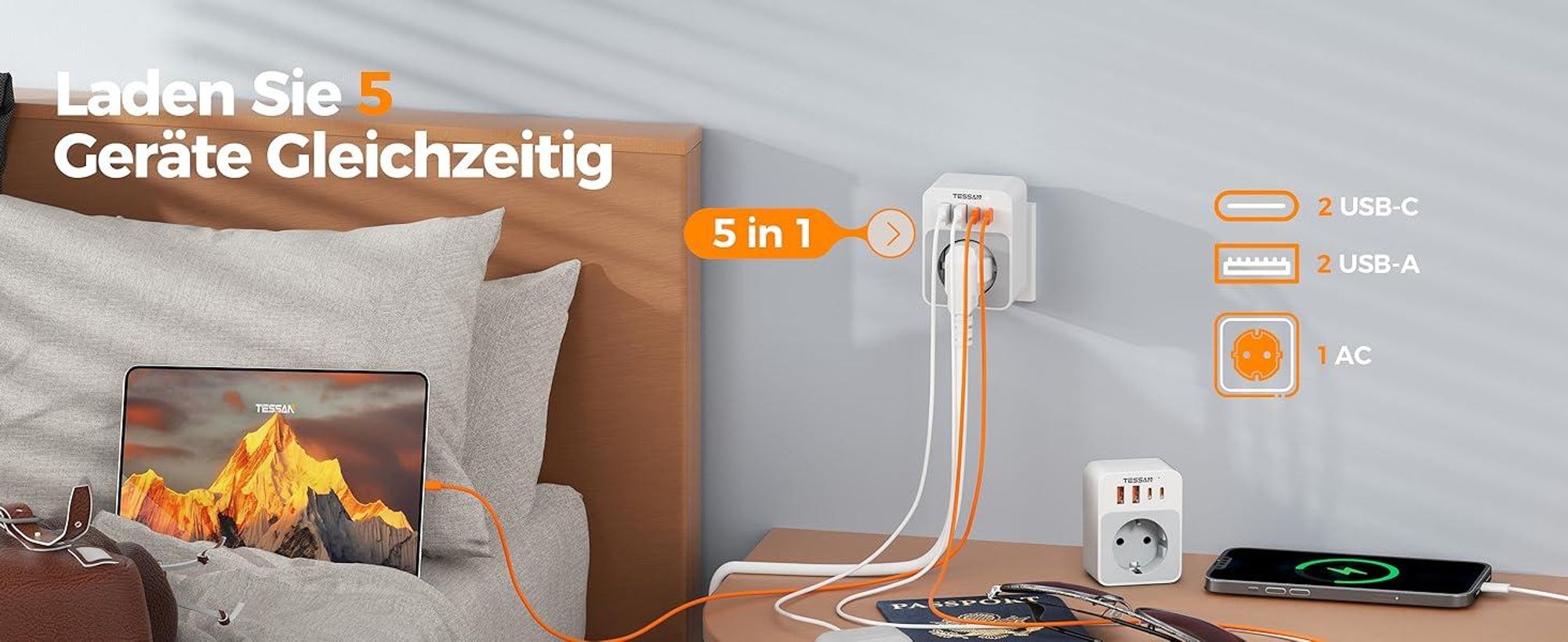 TESSAN 2 Stück Klappbarer Adapter 5 in 1 Reiseadapter UK Adapter auf EU Steckdosenadapter 2 USB C und 2 USB A Typ G für London