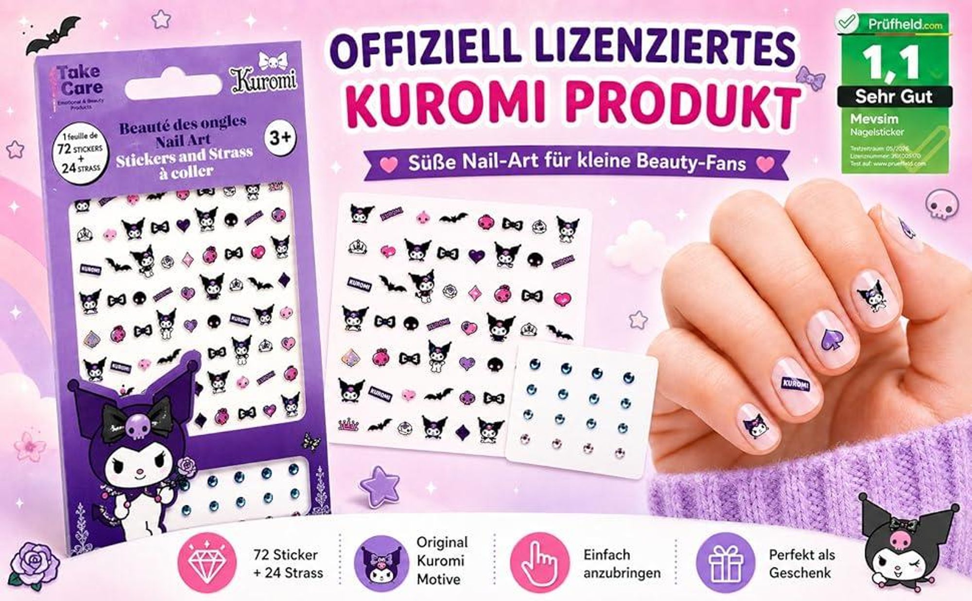Kuromi Nagelsticker Set – 72 Sticker + 24 Steinchen – Offiziell Lizenziert