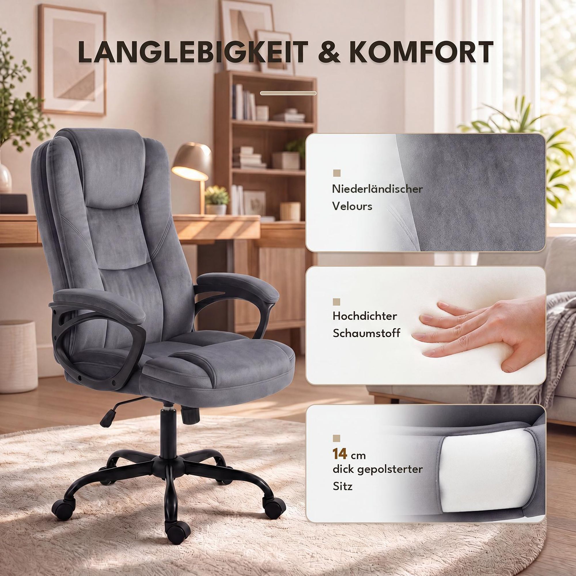 Grauer Velours-Bürostuhl mit dicker Polsterung