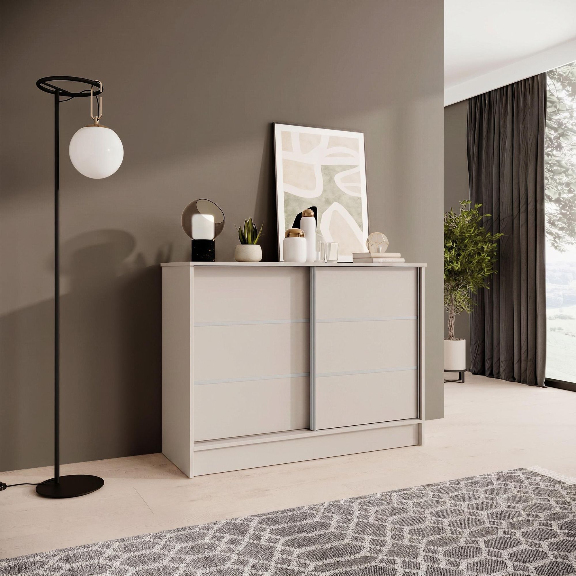 BEAUTYSOFA Komoda MIRELA 100 cm, barva kašmír, příborník se 2 posuvnými dvířky, vysoká skříňka s ozdobnými lištami, moderní příborník, spousta úložného prostoru