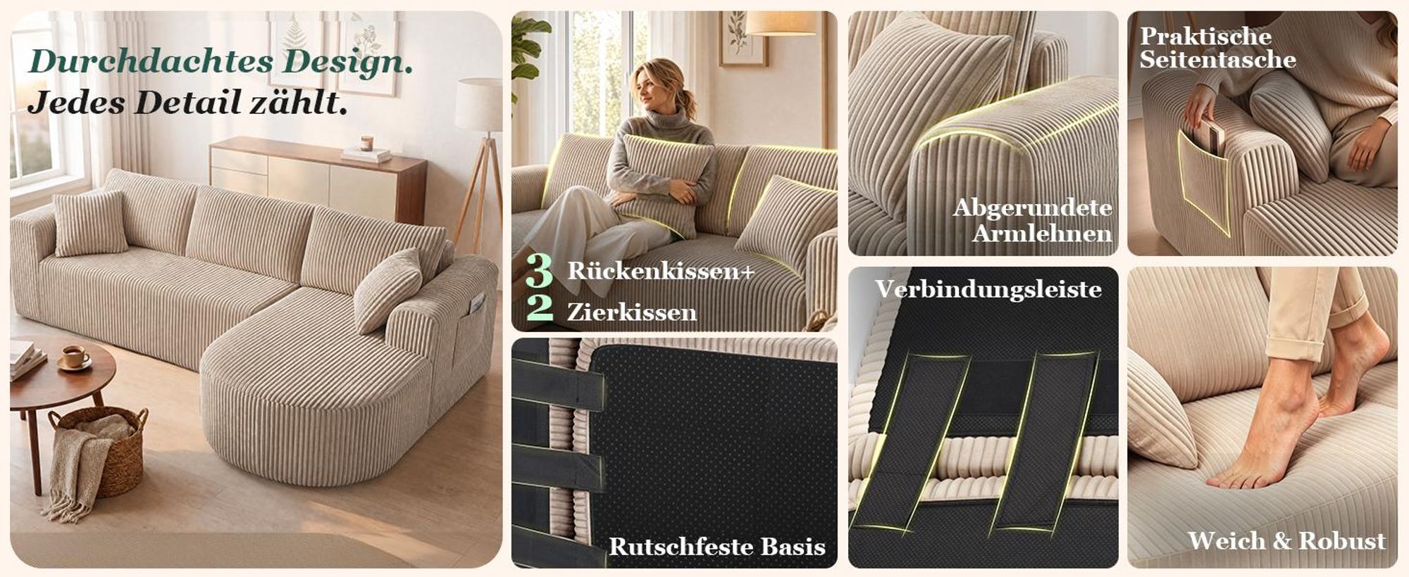 COMHOMA Ecksofa mit Schlaffunktion, 263cm Corduroy Modulares Boneless Couch mit Chaiselongue, L-Form Schlafsofa, Sektionssofas mit Kissen & Seitentasc