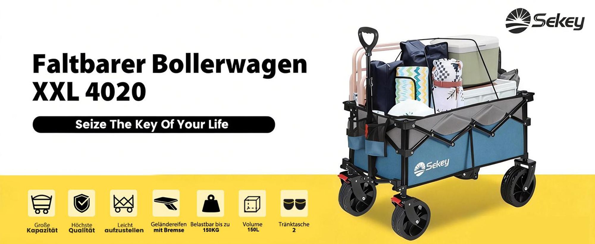 Sekey 150 KG Bollerwagen Faltbar Handwagen mit Bremsen und breiten Reifen, Blau