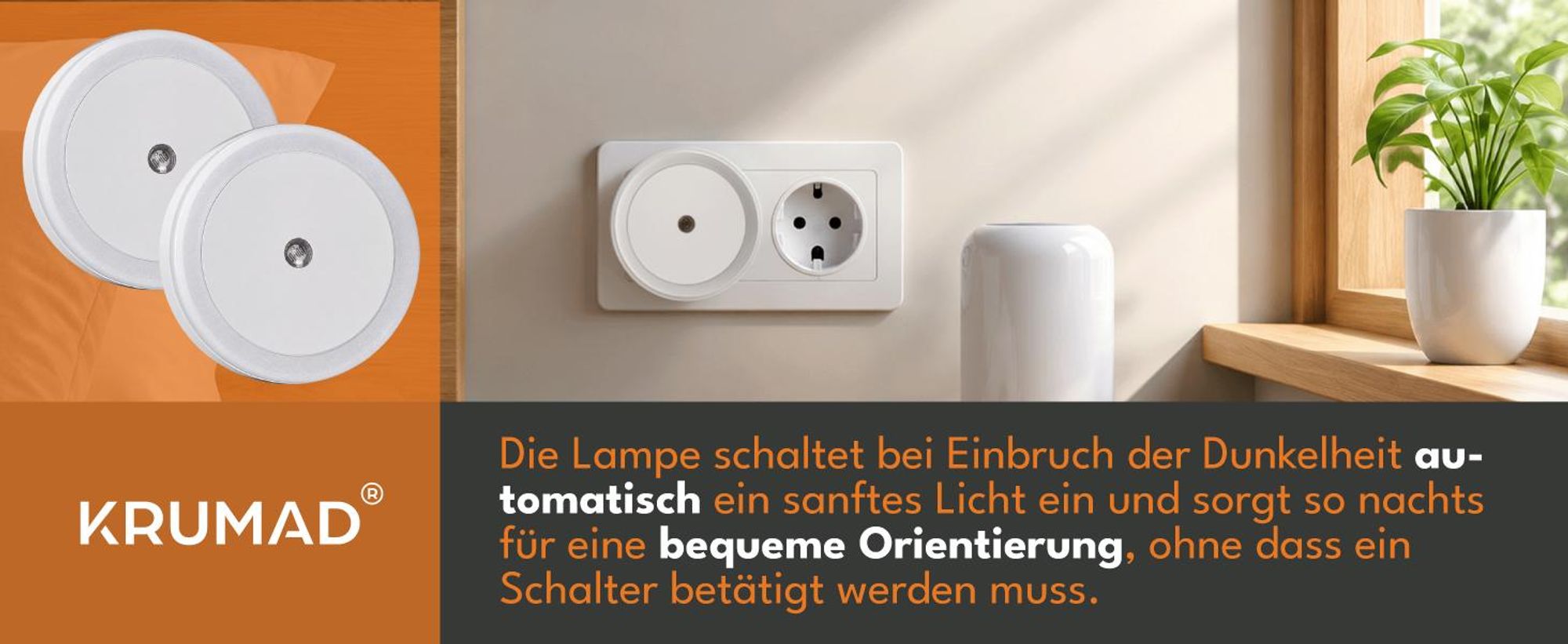 KRUMAD 2x LED Nachtlicht Steckdose mit Bewegungssensor, Warmweiß, 3 Modi ON Auto OFF, Nachtlampe für Schlafzimmer Flur Babyzimmer