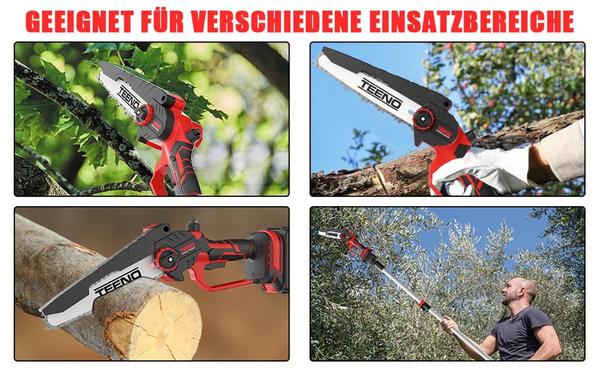 TEENO 2-in-1 Elektro-Kettensäge mit Teleskopstange, 2 Akkus 4000 mAh | 6 Zoll Kettensäge & Teleskop-Astschere, 180° verstellbarer Schneidkopf