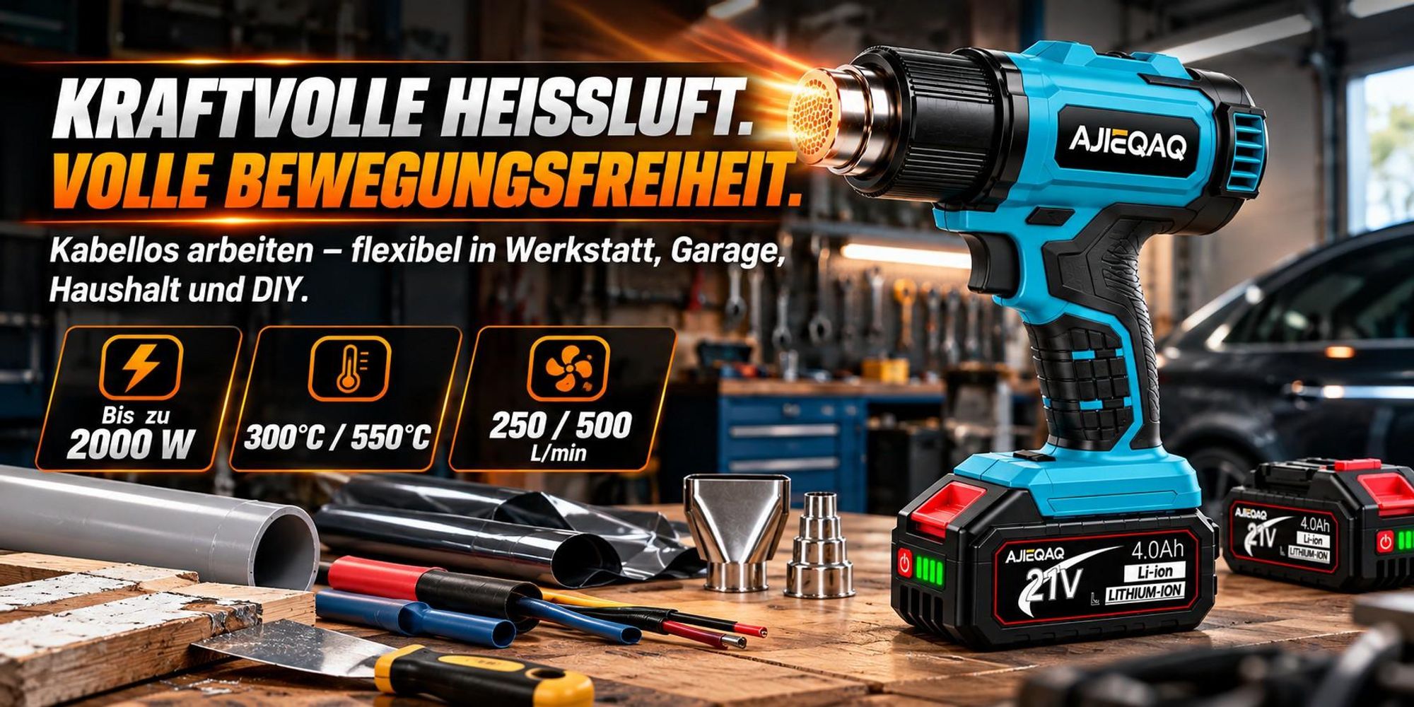 Akku Heißluftpistole 21V 2000W mit 2×4,0Ah Akku, Heißluftgebläse 300/550°C, 250/500 L/min, 2 Stufen, 3 Düsen & Koffer
