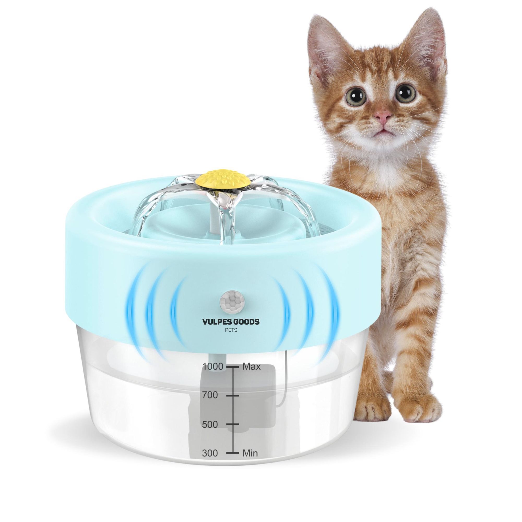 Vulpes Goods Drahtloser Trinkbrunnen für Katzen - 1L | Wiederaufladbar - Katzenbrunnen mit Batterie | 360° Katzen Wasserspender mit Bewegungsmelder