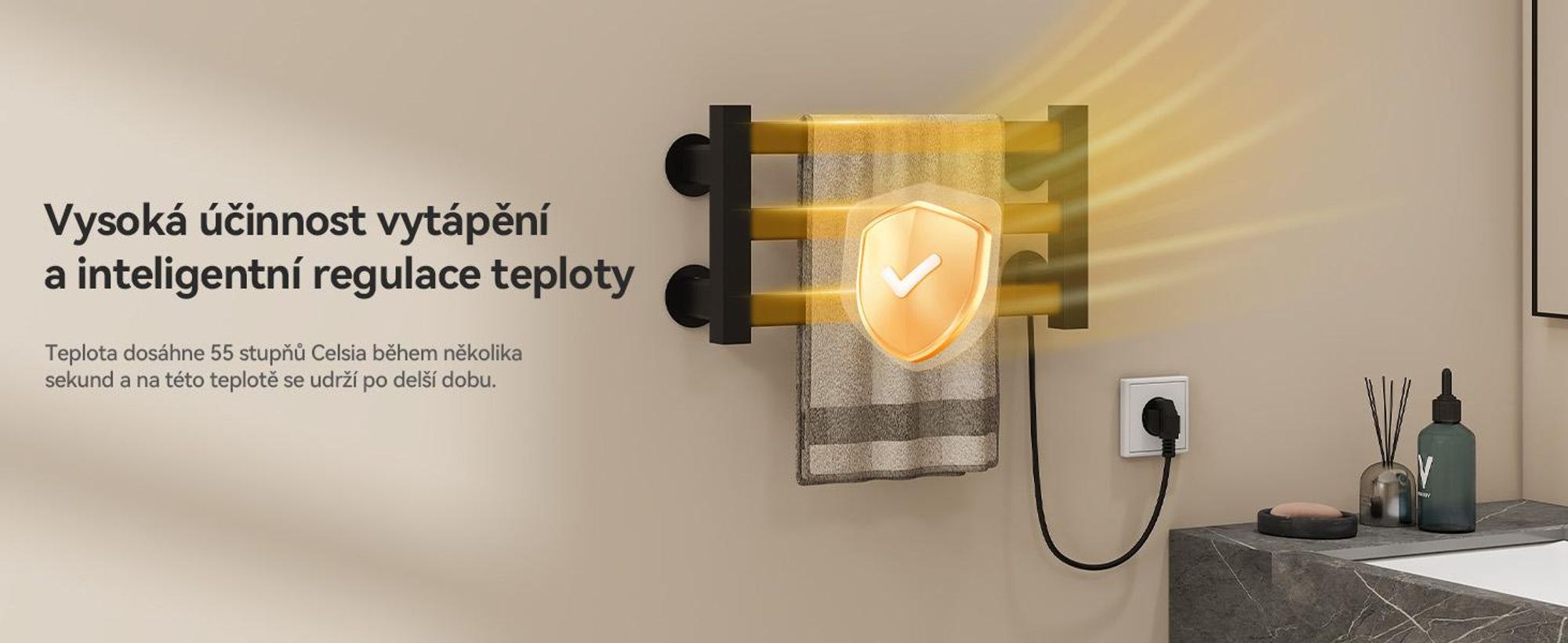 Elektrický topný žebřík Puluomis, vyhřívač na ručníky s jednokomorovým spínačem, konstantní teplota 55°C, vodotěsný (IPX4), koupelnový topný žebřík, rozměry 40x21,6 cm, černá barva