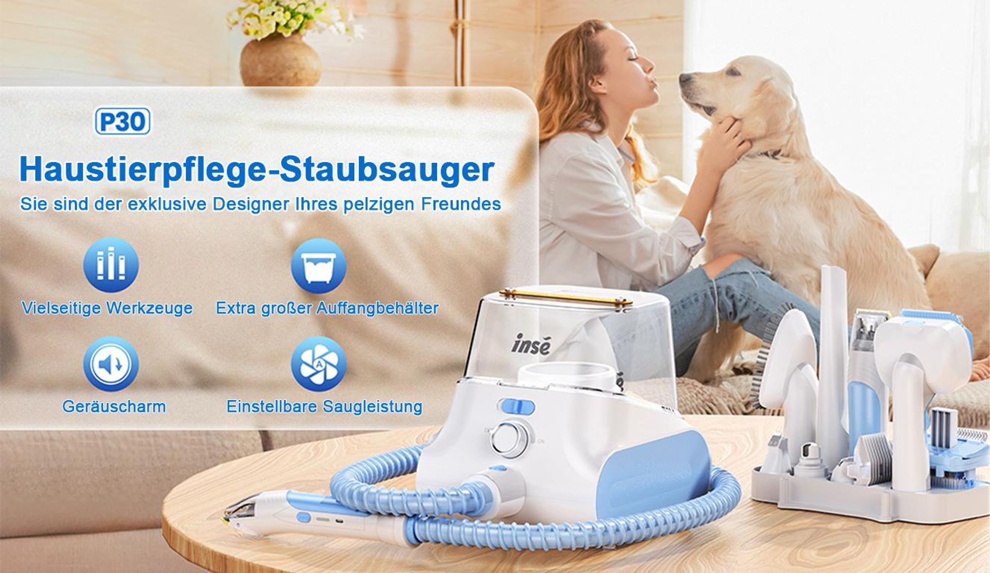 Tierhaarpflege-Set mit Absaugung 5 in 1, Hundeschermaschine & Tierhaarstaubsauger, 13 kPa, 4,5 L Staubbehälter, leise, für Hunde und Katzen