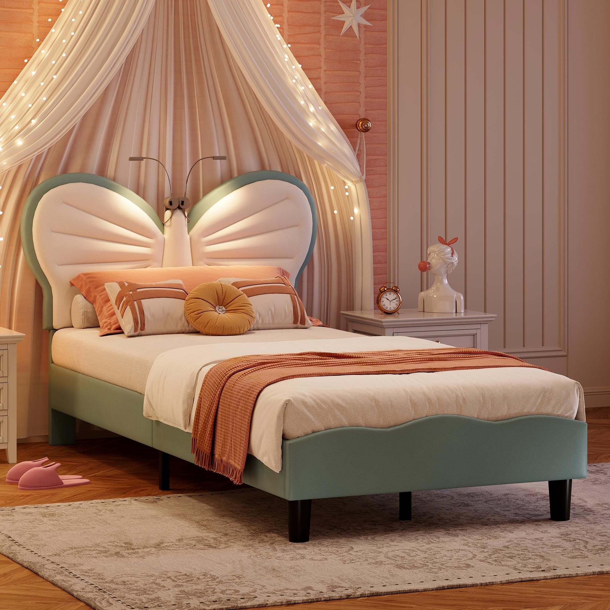 Kinderbett Polsterbett 90x200cm, Einzelbett Bettgestell mit LED-Leselampe, verstellbarem Kopfteil, Jugendbett für Jungen & Mädchen, Samt, ohne Matratze, Blau