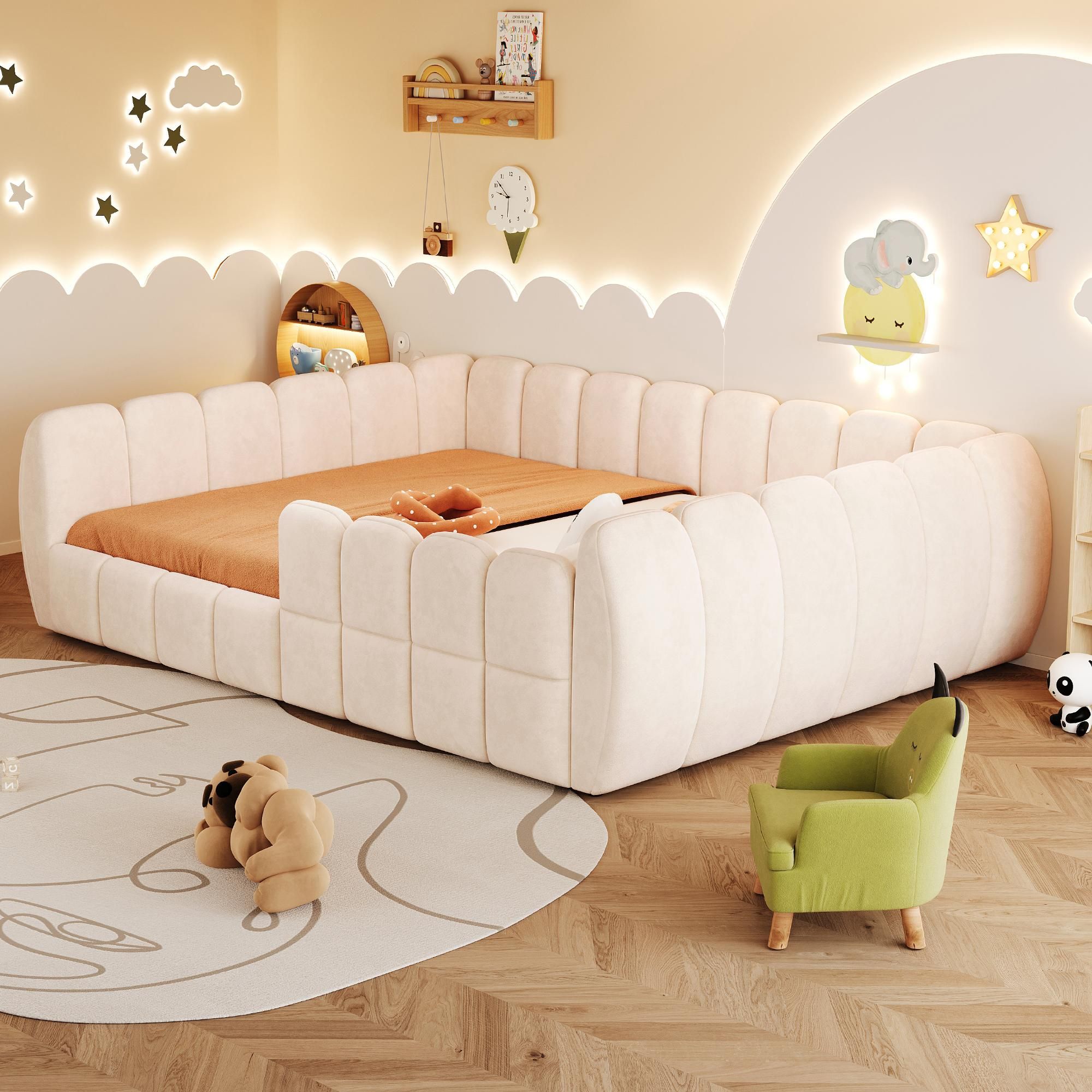 Merax Gepolstertes Kinderbett Bodenbett 140x200cm, Samtbett mit geschlossenem Design und abgerundeten Ecken, Montessori Bett für Jugendliche, Beige