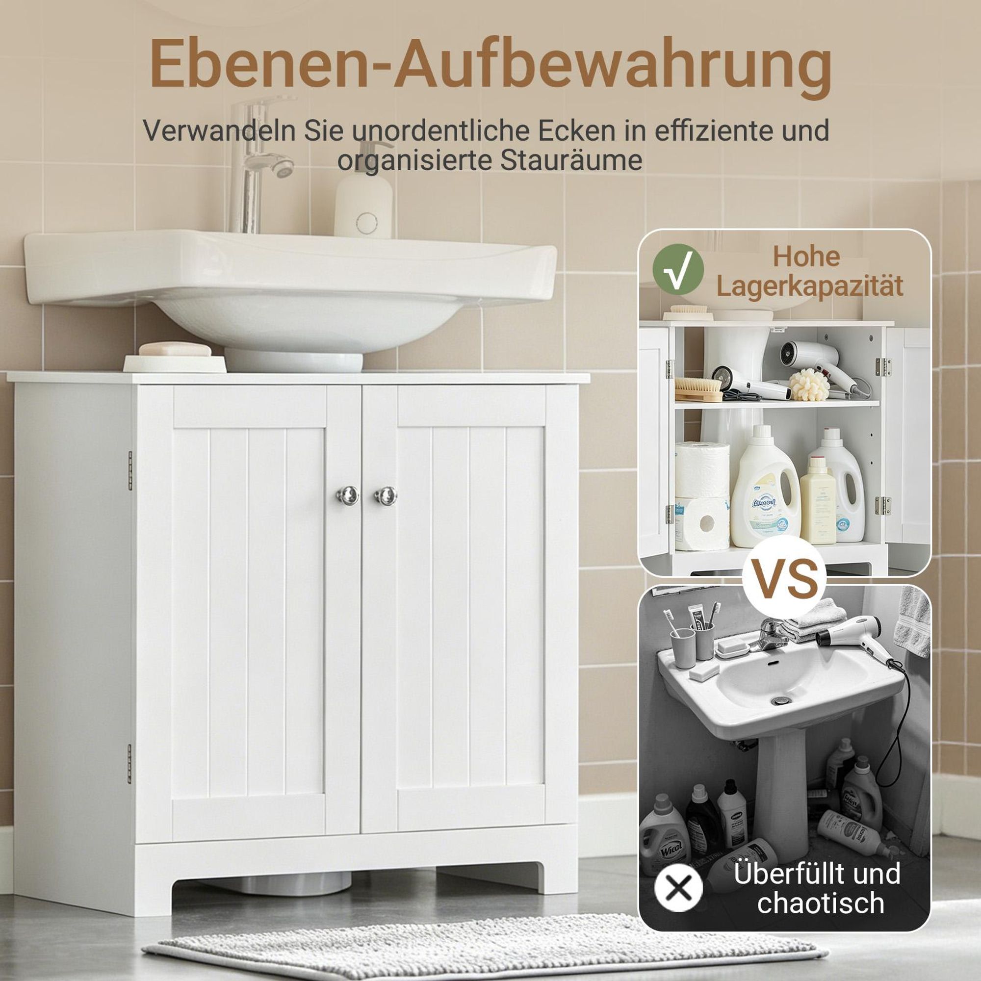 SoBuy Waschbeckenunterschrank für Standwaschbecken, 60x29x60 cm | Badschrank mit 2 Türen und verstellbarem Einlegeboden, Weiß BZR18-II-W