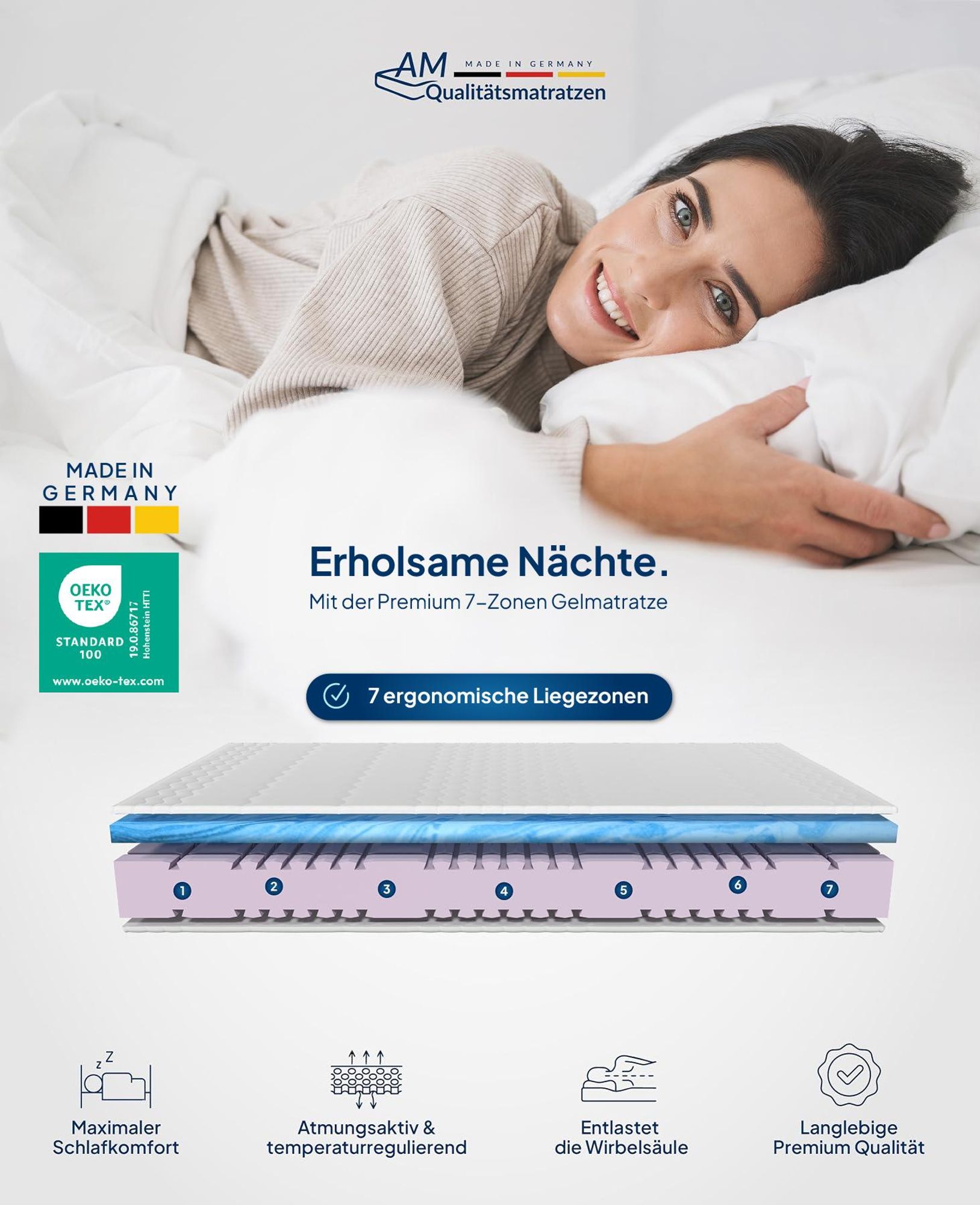 AM Qualitätsmatratzen | Matrace z gelové peny Premium 140x200 cm | H2 | Matrace ze studené peny se 4 cm vrstvou gelové peny | Výška 23 cm | Vyrobeno v Nemecku | 140 x 200 cm