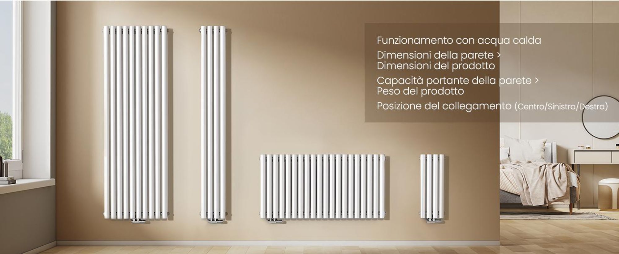 Radiatore tubolare di design EMKE per il funzionamento ad acqua calda con attacco centrale verticale ovale a doppio strato 623 watt 24cm x 160cm bianco senza elemento riscaldante
