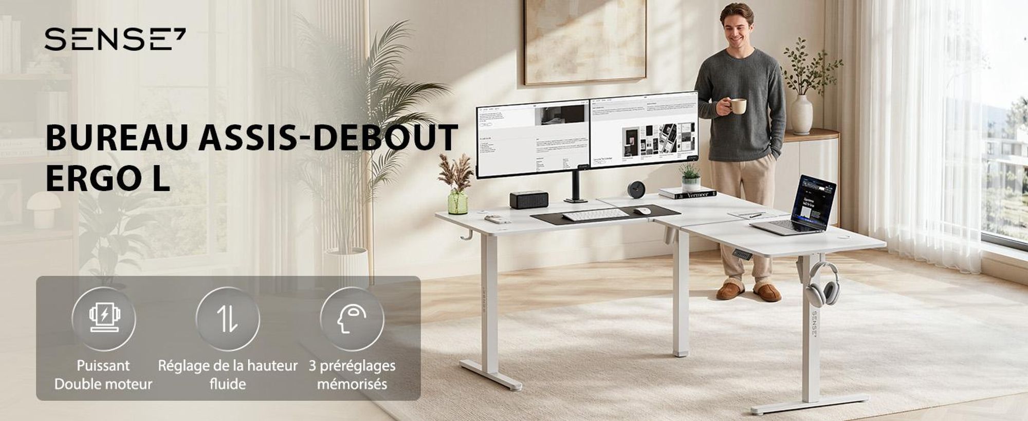 Bureau d'angle SENSE7 NOJO Light Corner, électrique, réglable en hauteur, 160x140, en forme de L, bureau debout à double moteur, structure blanche avec fonction mémoire, bureau pour ordinateur