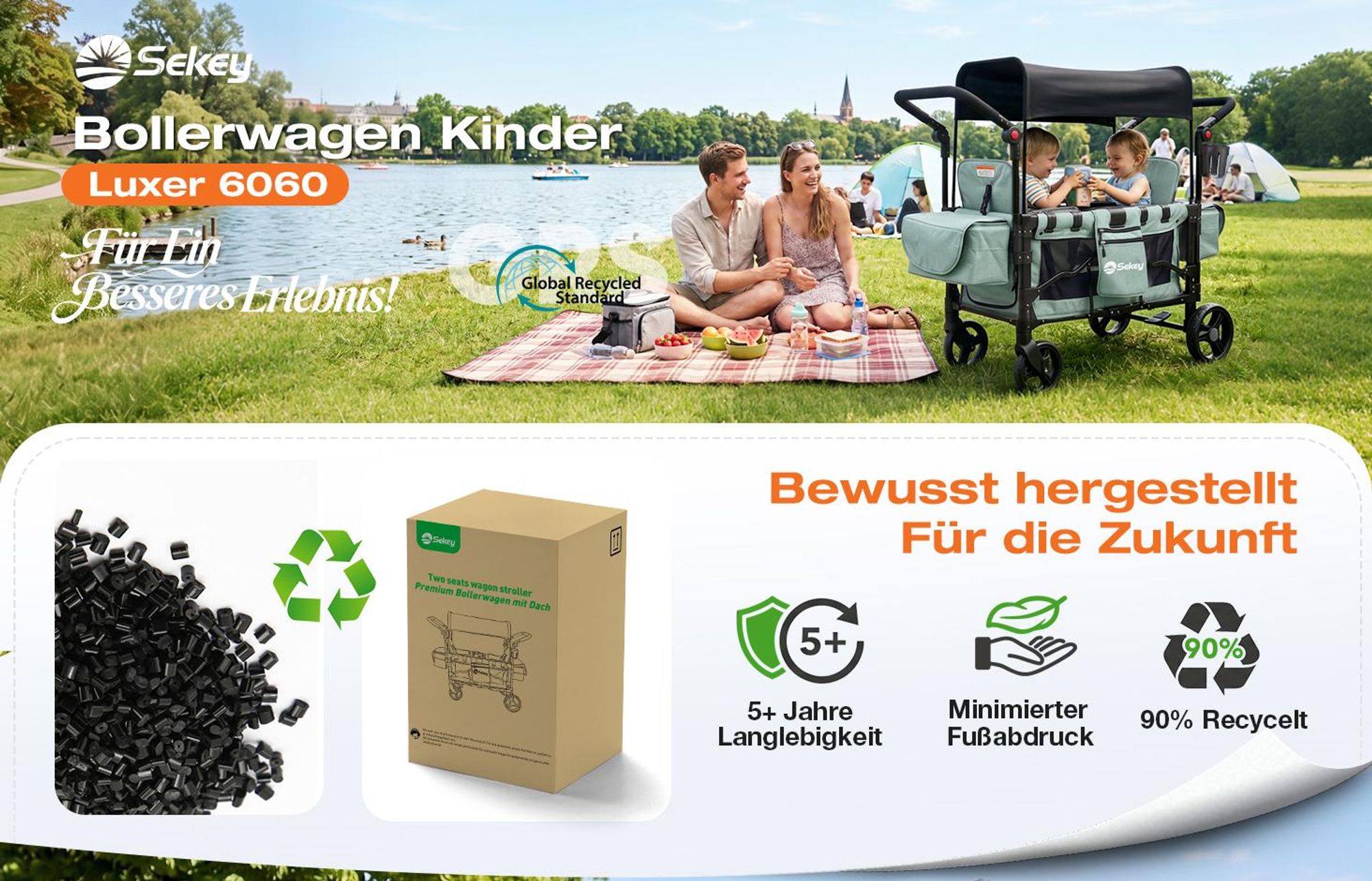 Sekey Bollerwagen Faltbar mit Dach Zwillingsmodus Kinderwagen Doppelsitz mit 2x 5-Punkt-Gurtsystem, Blau