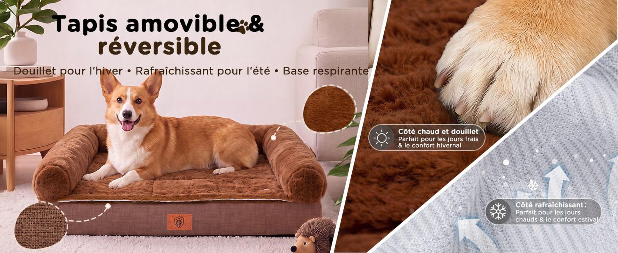 GTPLAYER – Lit pour chien, 75x50x15 cm, mousse à cellules ouvertes pour un confort optimal, imperméable et lavable, avec tapis de refroidissement/chauffage 2 en 1