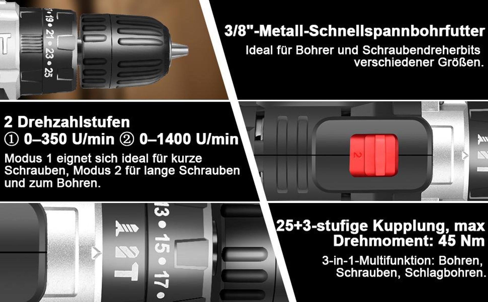 Akkuschrauber, Akku Bohrschrauber Set, Akku-Schlagbohrschrauber, Schlagbohrmaschine, mit 2x 1500Ah Batterie, Koffer und viel Zubehör