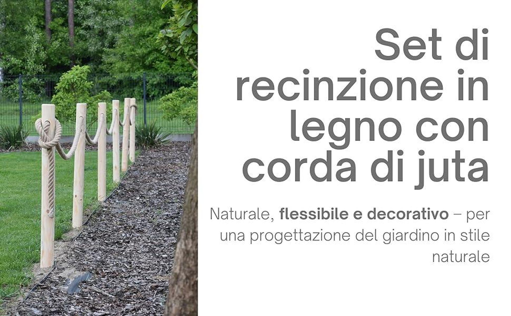 TIMBERMIK Recinzione In Legno 6 Pali Ø8x120 Cm Con Corda In Juta 12m Staccionata Da Giardino Pannelli Recinzione Legno Non Trattato