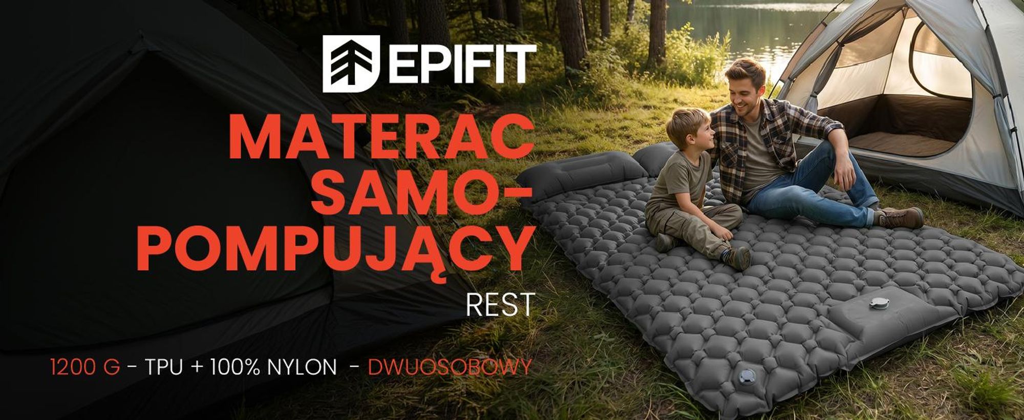Dwuosobowy materac turystyczny w kolorze szarym samopompujący się lekki