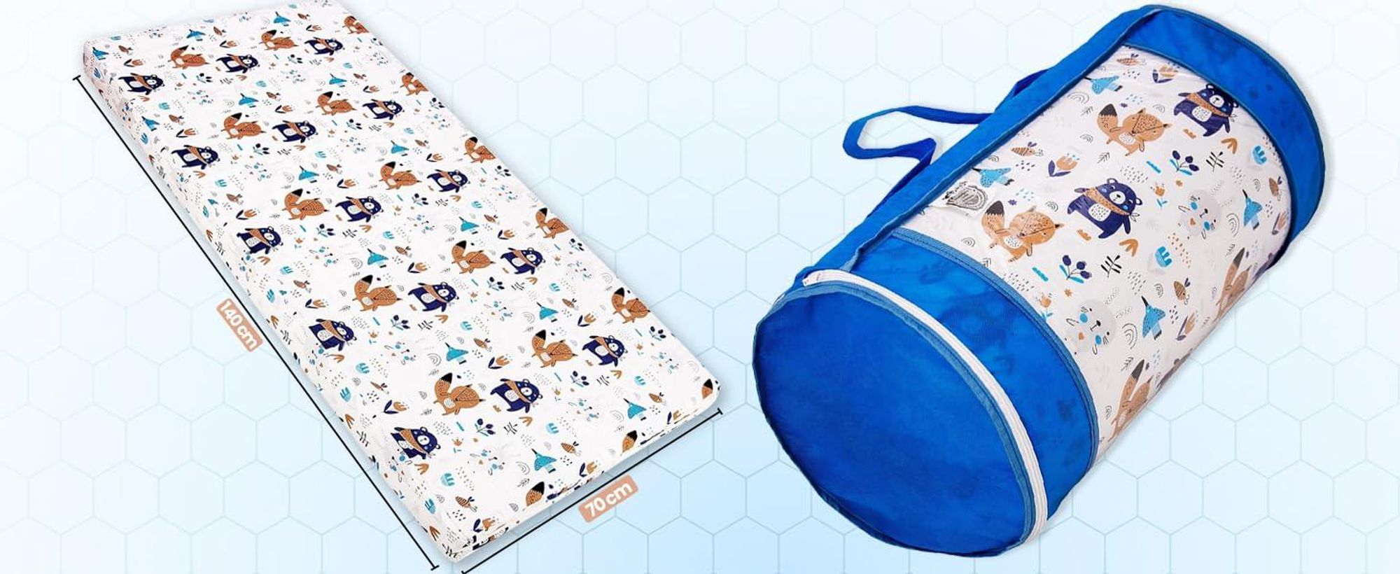 Kindermatratze 70x140 | Kinder Klappmatratze mit Blauem Reisetaschen-Bezug |Matratze 70x140 aus 100% kuschelig weicher Baumwolle |Reisebett-Matratze