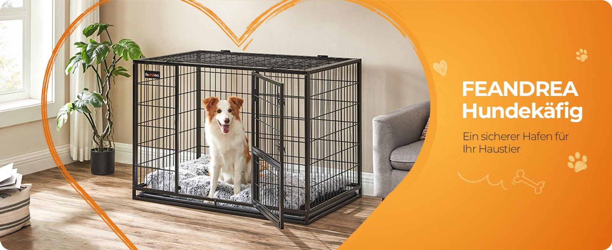 FEANDREA Hundekäfig, Hundebox mit 2 Türen, 107 x 70 x 74,9 cm