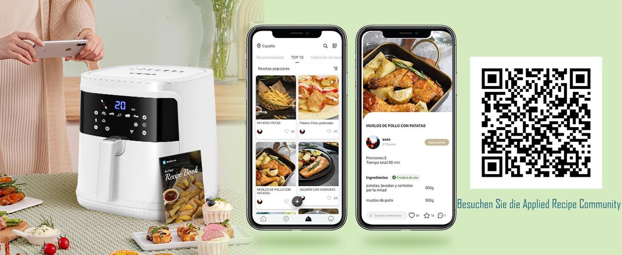 Aigostar - Air Fryer 7L 1900W, 5-in-1 ölfreie Fritteuse, 7 voreingestellte Funktionen mit LED-Bildschirm