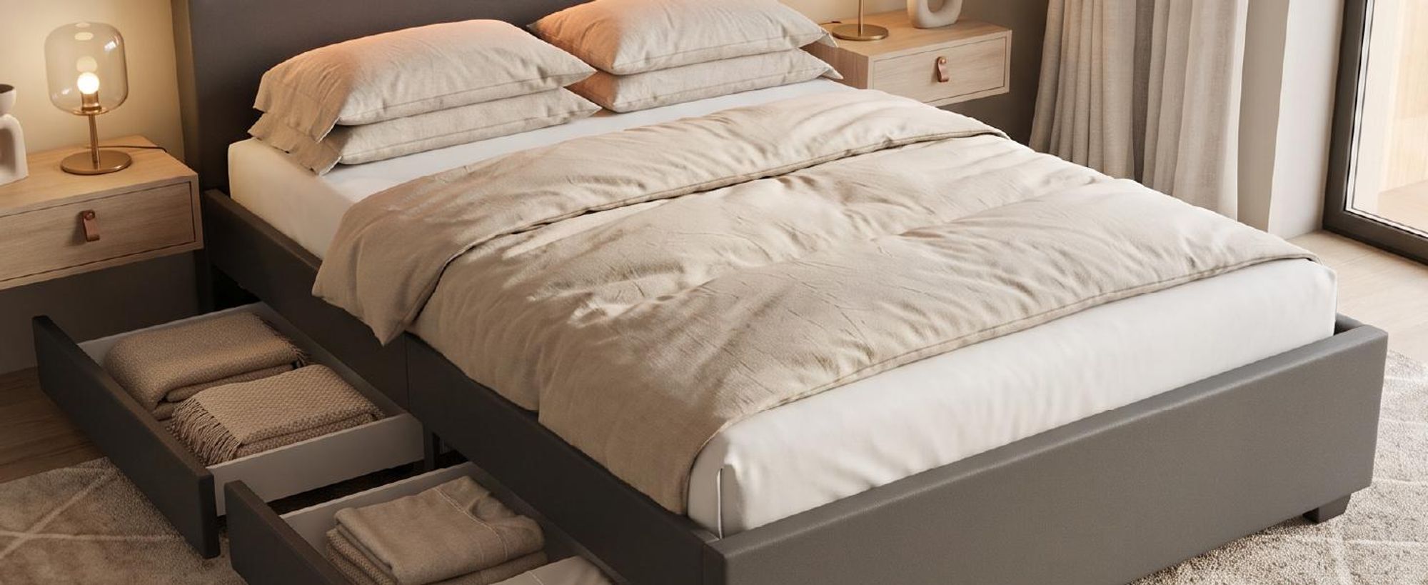 Juskys Polsterbett Lyon 140 x 200 cm grau – Bettgestell mit Lattenrost, Bettkasten & LED Beleuchtung – Kunstleder & Holz – Bett Jugendbett