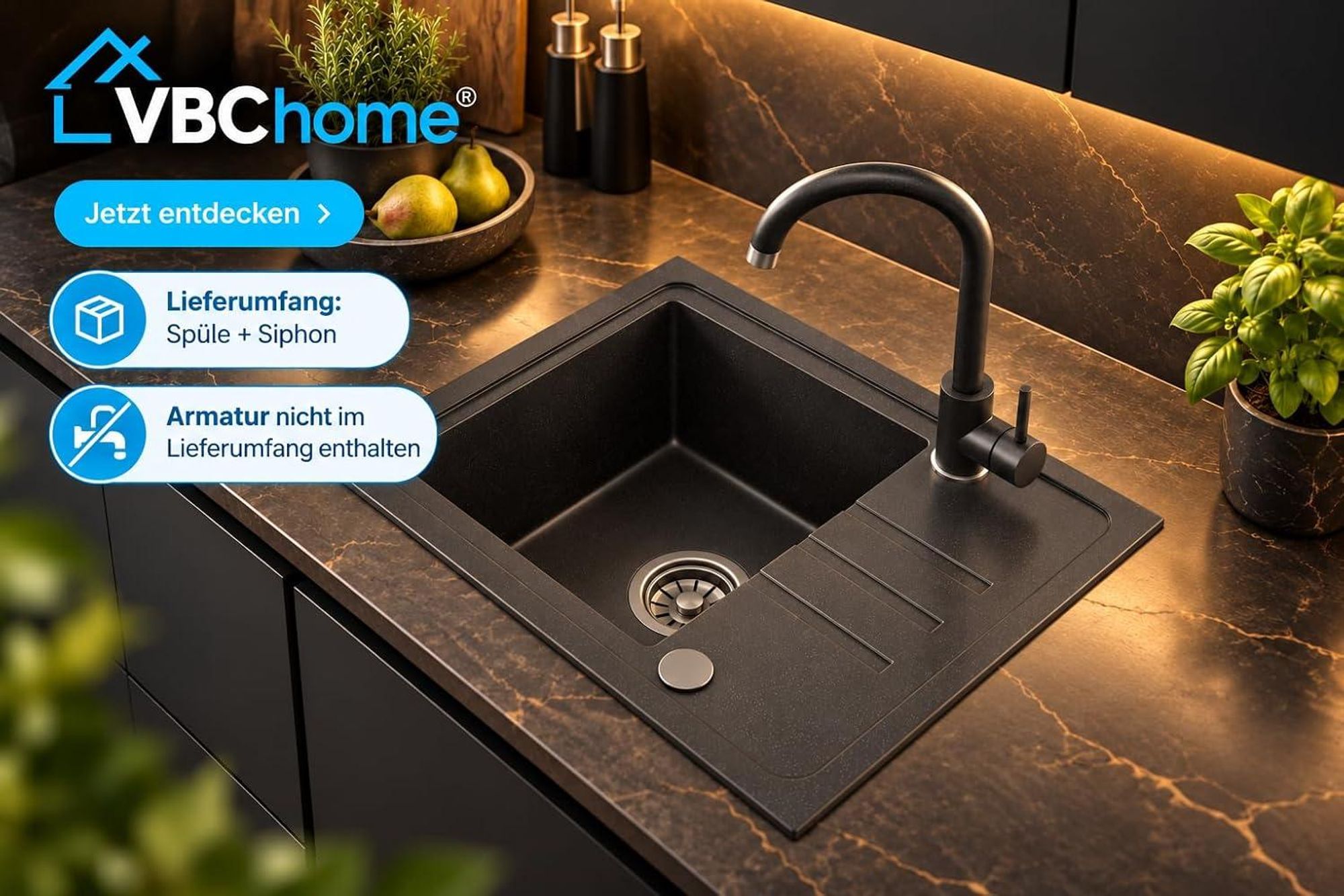 VBChome Spülbecken Granit Schwarz 55 x 44 cm Einzelbecken Einbauspüle Gesprenkelt Reversibel Granitspüle Schwarz Siphon Waschbecken