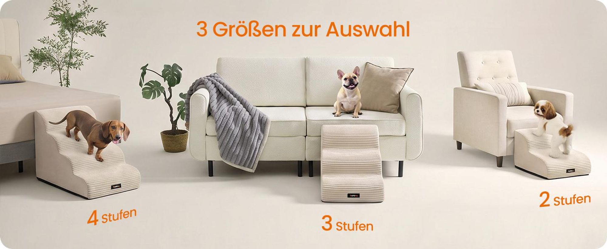 FEANDREA Hundetreppe für Kleine Hunde, Rutschfeste Hunderampe für Bett, Waschbar, 72 x 40 x 50 cm, Beige