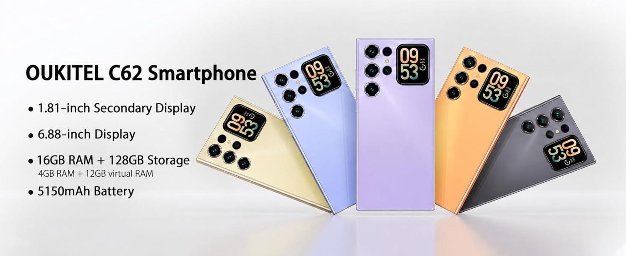 OUKITEL C62 Smartphone Android 15, Téléphone Portable 16 Go RAM (4+12) + 128 Go, Écrans 6,88" et 1,81", Batterie 5150 mAh, GPS/OTG, Noir