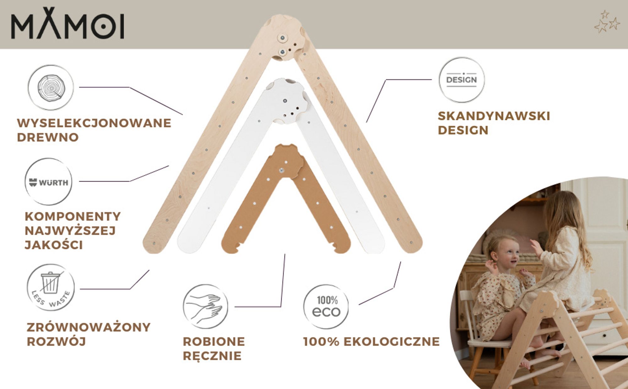 MAMOI® Trójkąt wspinaczkowy dla dzieci | Drewniana drabinka dla dzieci Trójkątna drabinka | Wielofunkcyjny trójkąt wspinaczkowy montessori | Piramida