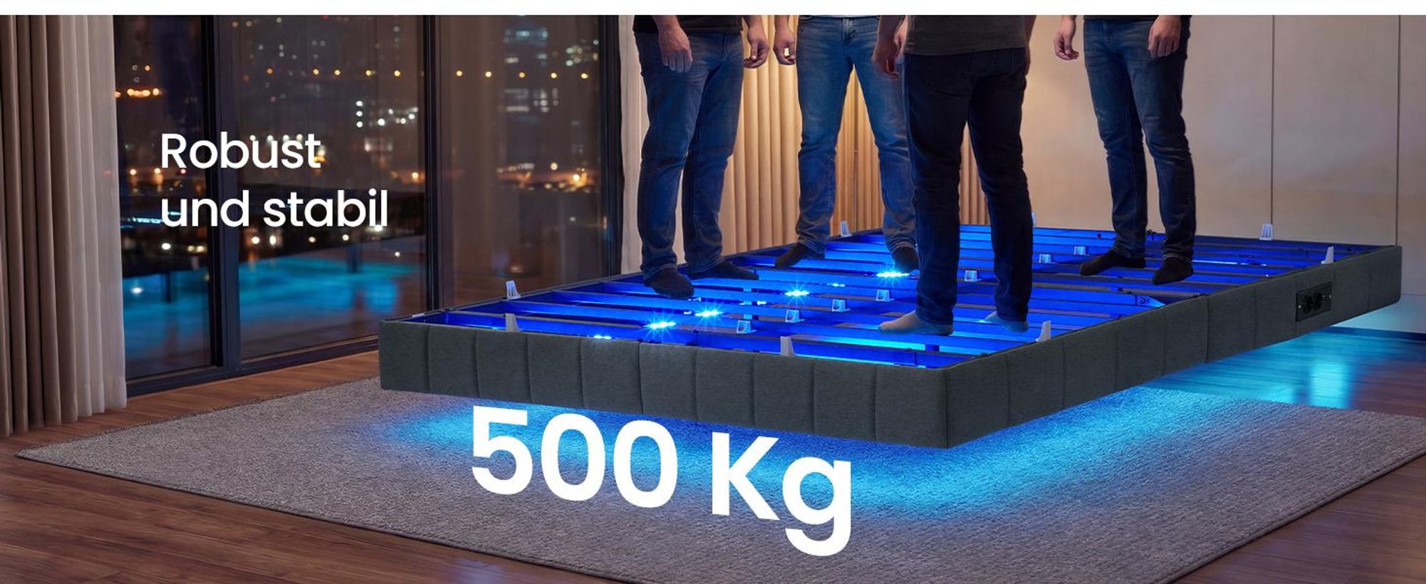 VASAGLE Bettrahmen 140 x 200 cm, mit LED-Beleuchtung, Bettgestell, schwebender Effekt, Steckdosenleiste, grau