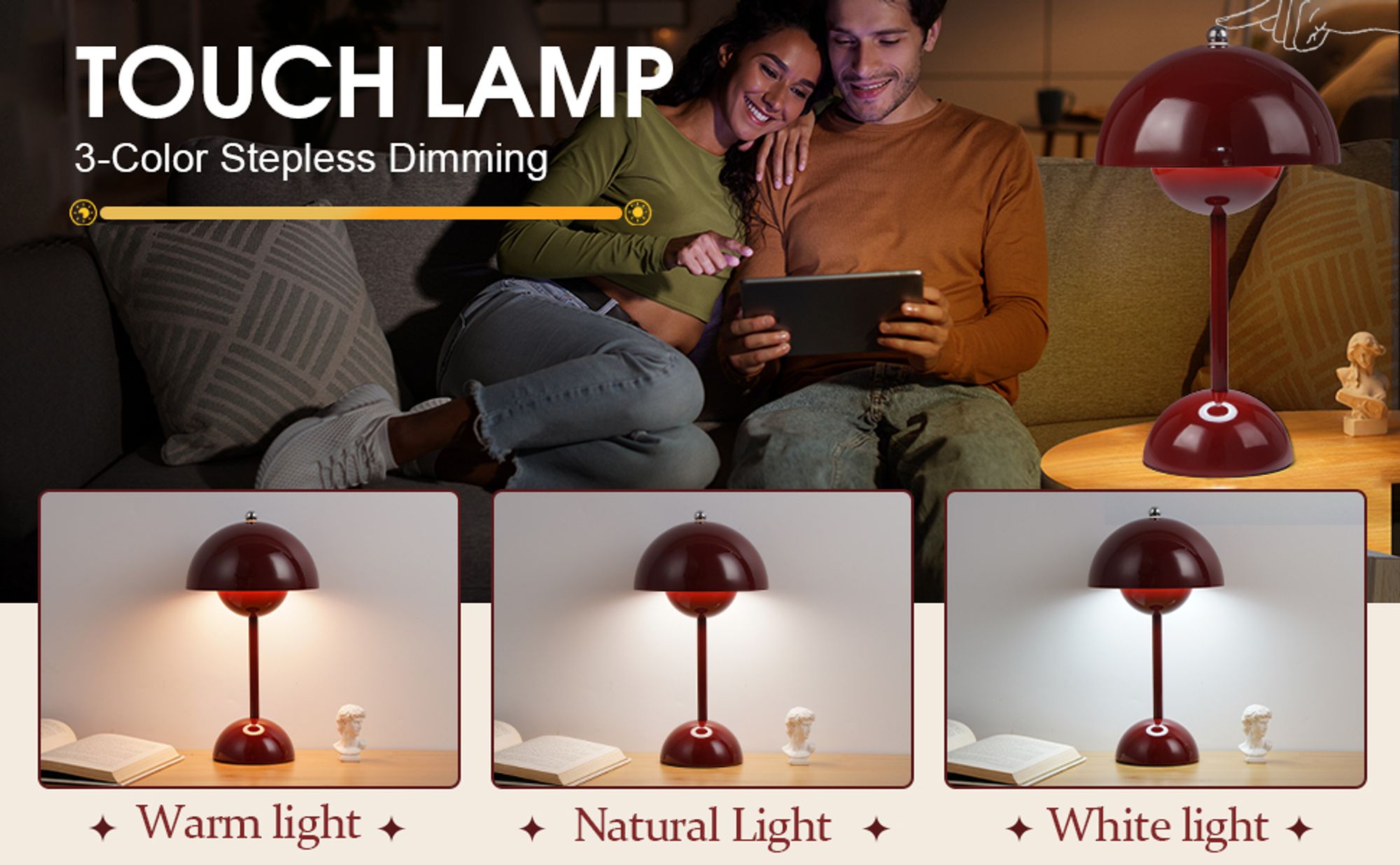 Kabellos Nachttischlampen,LED Tischlampe,Touch Dimmbare kuppelförmige Tischleuchte,3 Lichtfarben Pilzlampe,Schreibtischlampe,Dekotischlampe,Rot