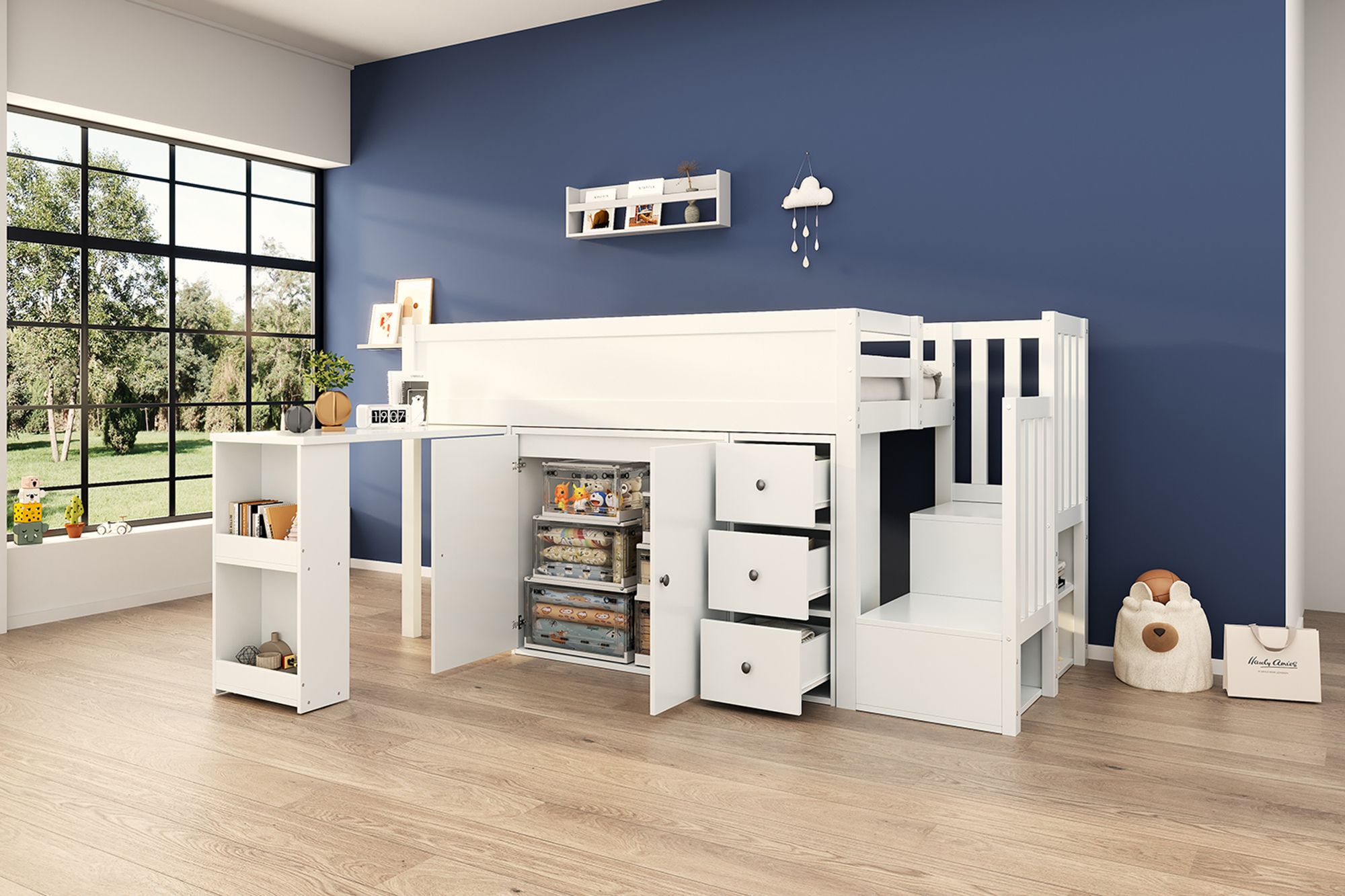 MODFU Kinderbett,Hochbett Jugendbett 90x200cm Multifunktionales Kinderbett, mit Ausziehbarem Schreibtisch  mit Schrank und Schublade, mit Treppe und Treppenschrank, Ohne Matratze, Weiß