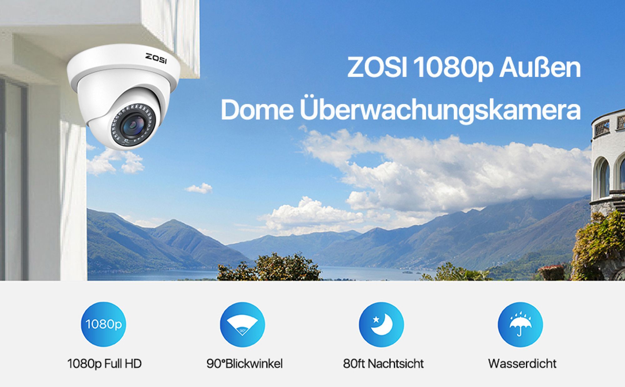 ZOSI 4X Full HD 1080p Weiß Dome Video Überwachungskamera Set mit Kabel und Netzteil, TVI Videoausgang
